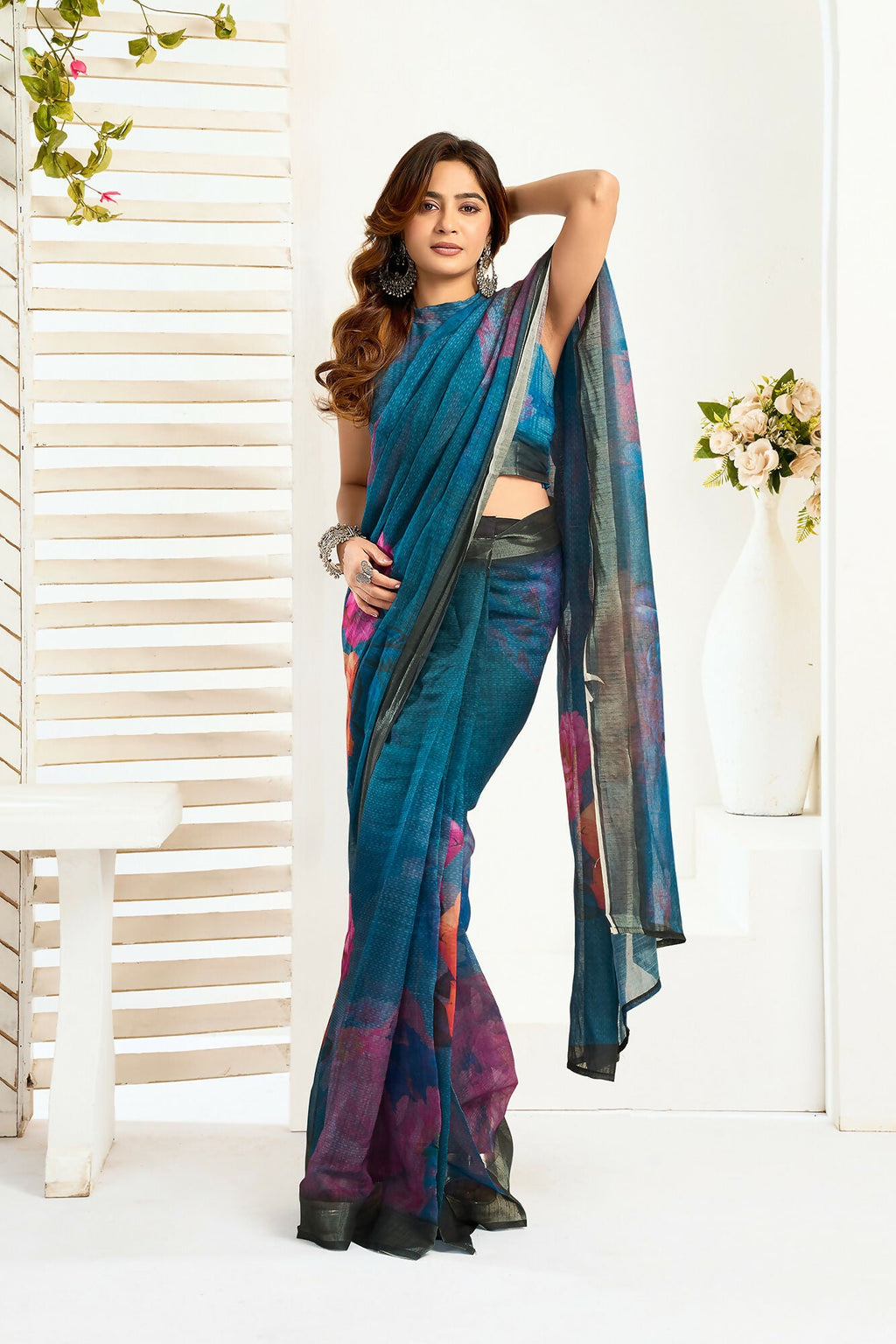 Vastranavya Teal Digital Printed Linen Ready To Wear Designer Saree with Unstitched Blouse - Distacart