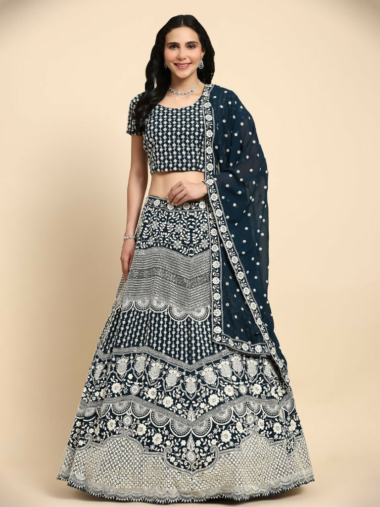 Blue Georgette Thread Embroidered Lehenga Choli with Dupatta - Tanya