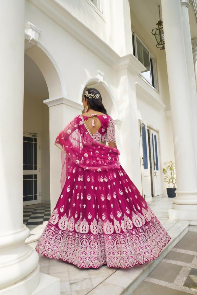 Aastha Fashion Dark Pink Butterfly Net White Cotton Thread Work And Sequence Work Embroidery Wedding Wear Lehenga Choli