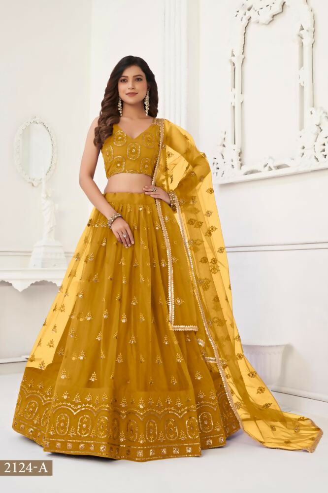 Aastha Fashion Mustard Yellow Butterfly Net Tone To Tone Thread Work And Sandwich Sequence Work Embroidery Wedding Wear Lehenga Choli