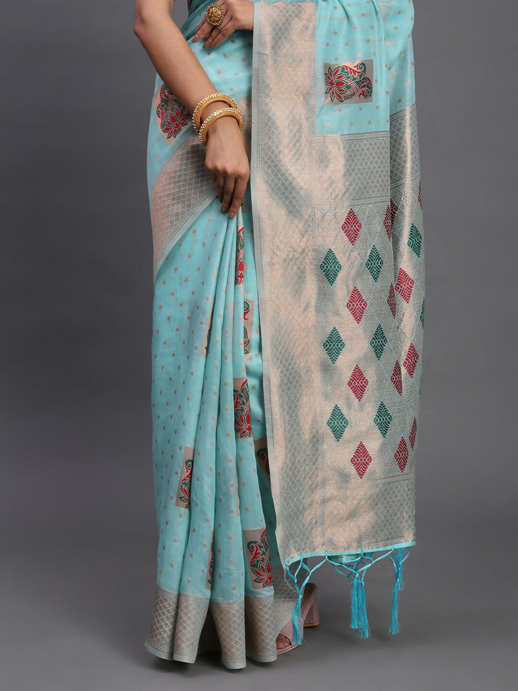 Shree Shyam Fashion Linen Cotton Sky Blue Saree - Distacart