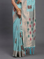Shree Shyam Fashion Linen Cotton Sky Blue Saree - Distacart