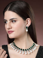 NVR Women's Silver-Plated Green American Diamond Studded Handcrafted Jewellery Set
