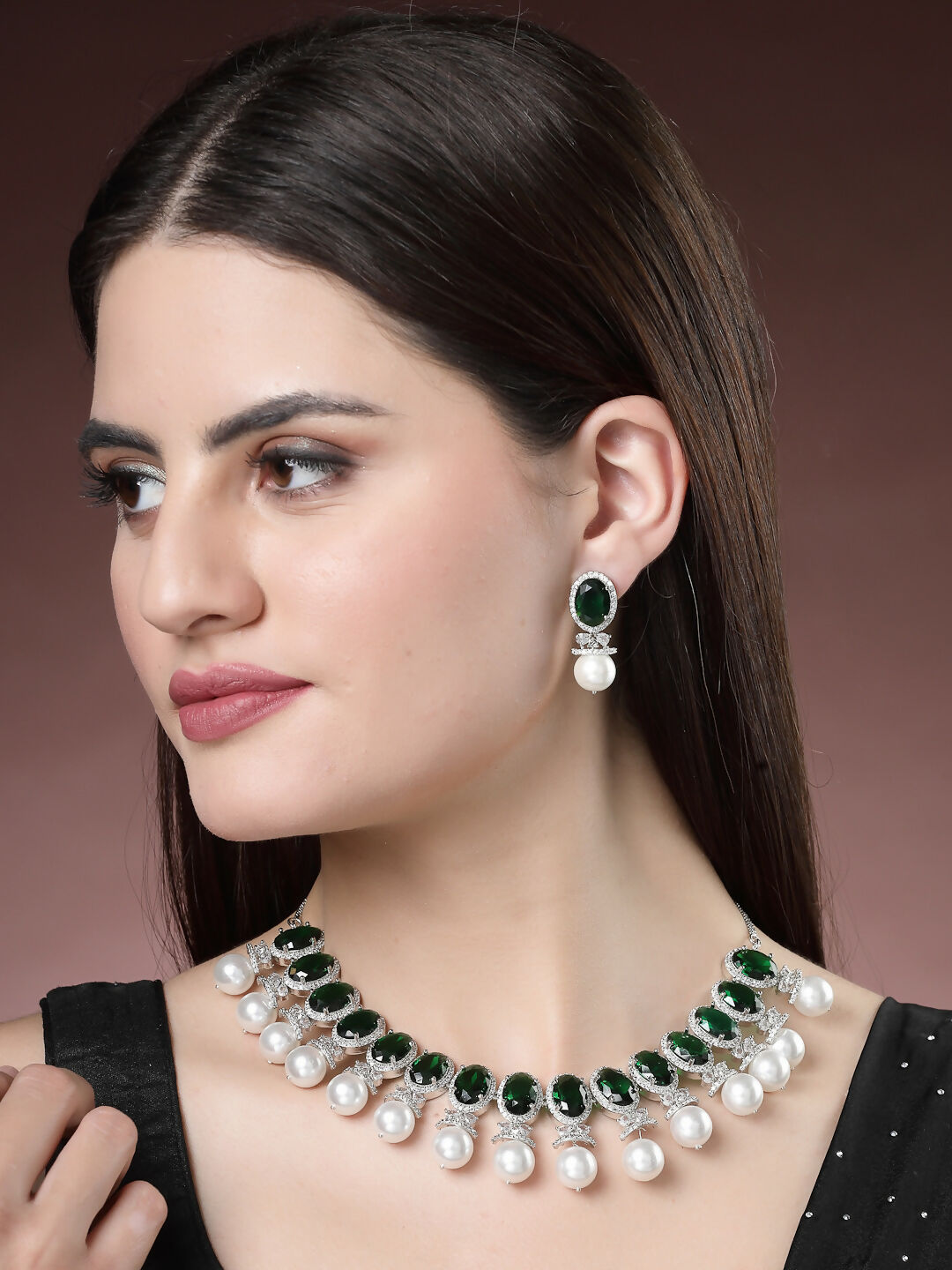 NVR Women's Silver-Plated Green American Diamond Studded Handcrafted Jewellery Set