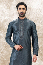 Raivat Ethnic Jacquard Silk Brocade Thread Work Kurta Pajama In Grey Colour