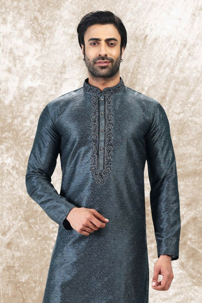 Raivat Ethnic Jacquard Silk Brocade Thread Work Kurta Pajama In Grey Colour