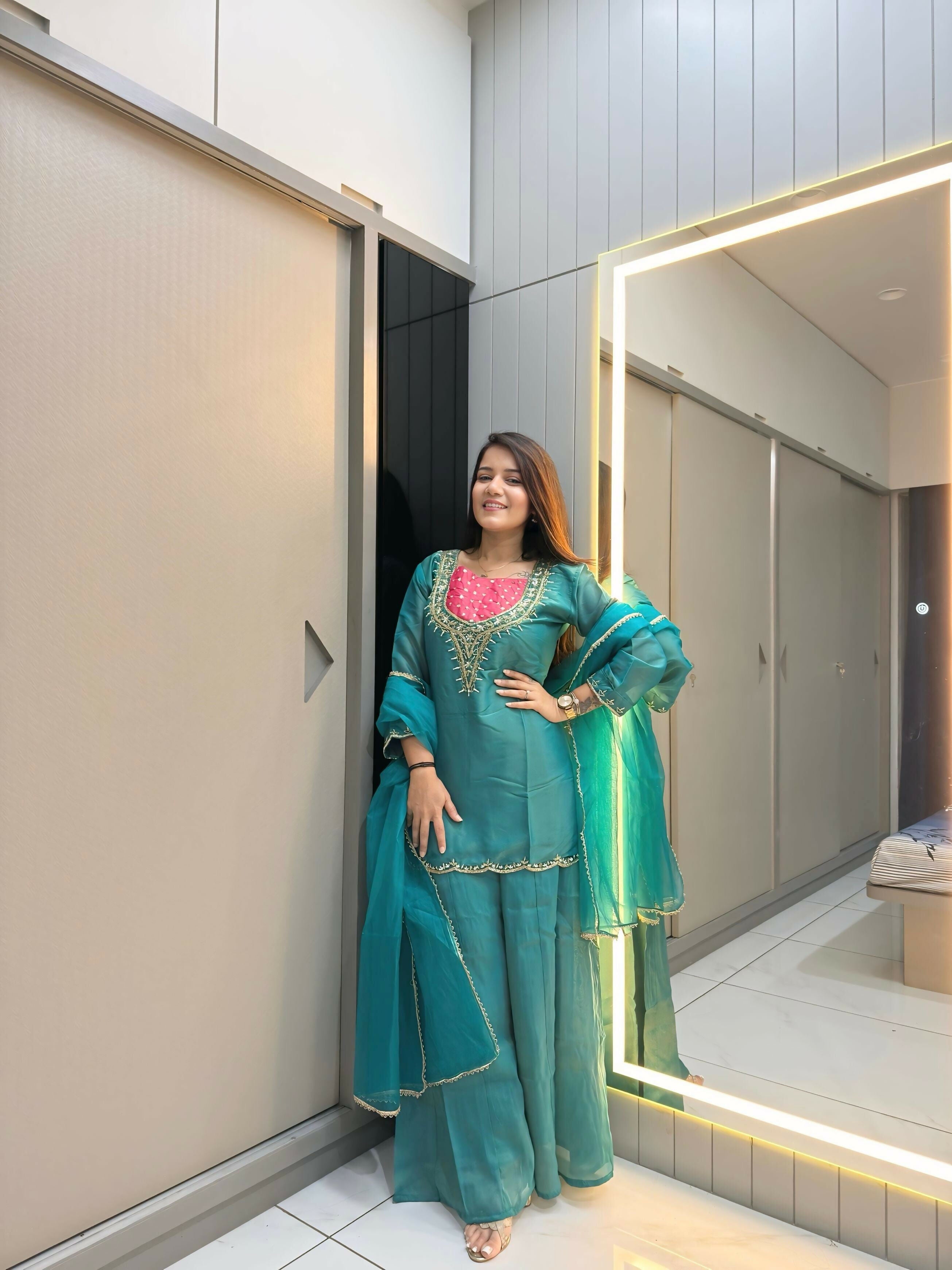 Anaita Sky-Blue Roman Shimmer Readymade Kurti Set with Handwork & Moti Work - Distacart