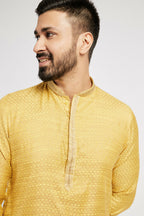 Ethnic India Yellow Men's Kurta Woven Design Polyester