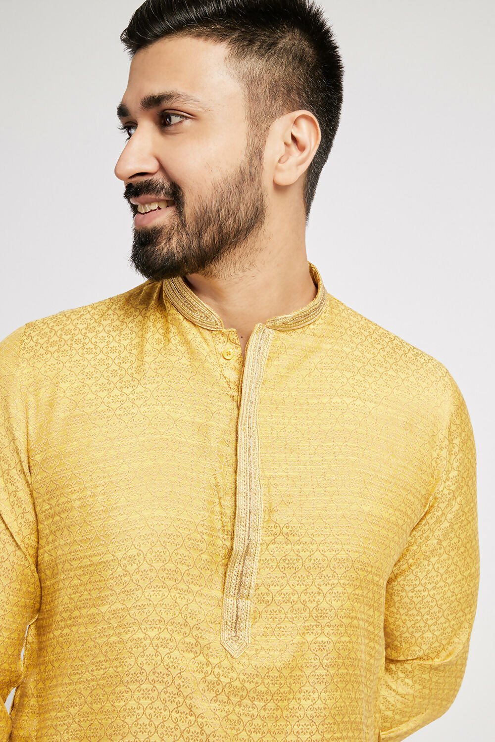 Ethnic India Yellow Men's Kurta Woven Design Polyester