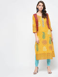 Cheera Hand Block Print Yellow Straight Kurta