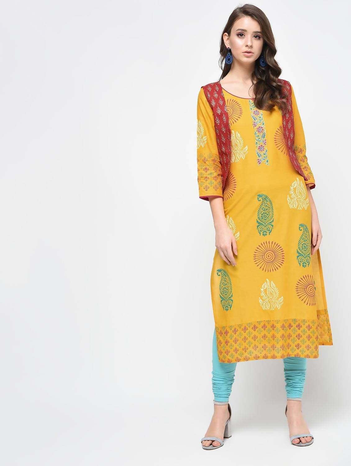 Cheera Hand Block Print Yellow Straight Kurta