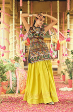Teeya Creation Lemon Yellow Colour Rayon Silk Embroidery Work Fully Stitched Navratri Lehenga