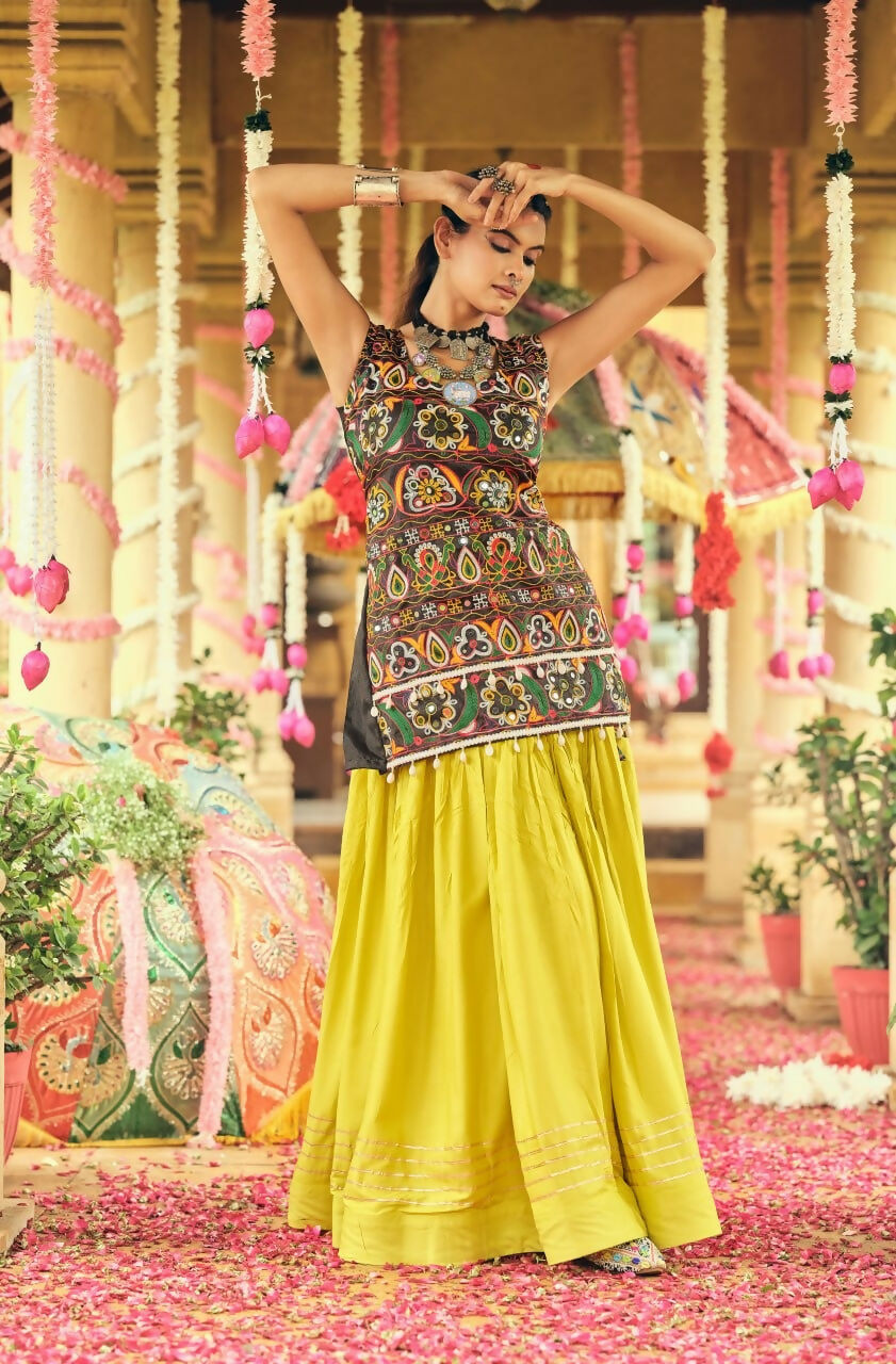 Teeya Creation Lemon Yellow Colour Rayon Silk Embroidery Work Fully Stitched Navratri Lehenga