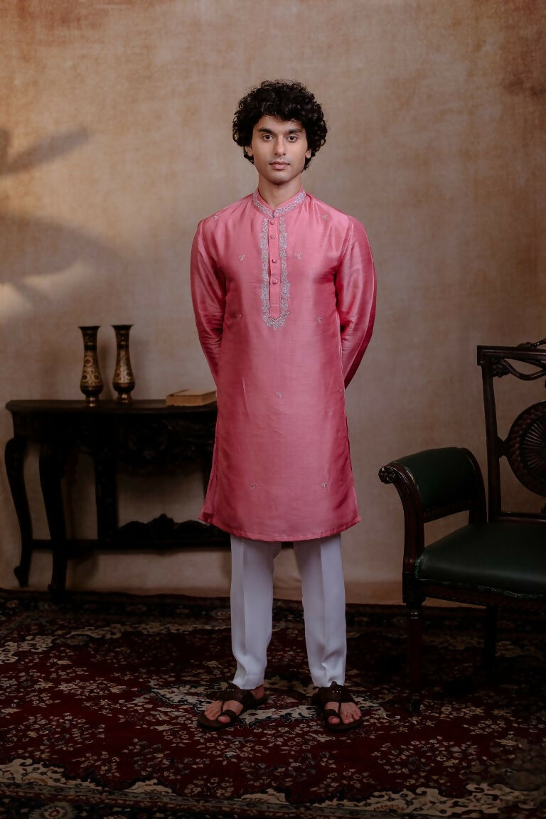 Falling Raw Silk Pink Prism Motif Kurta Set By Hilo Design