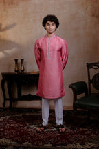 Falling Raw Silk Pink Prism Motif Kurta Set By Hilo Design