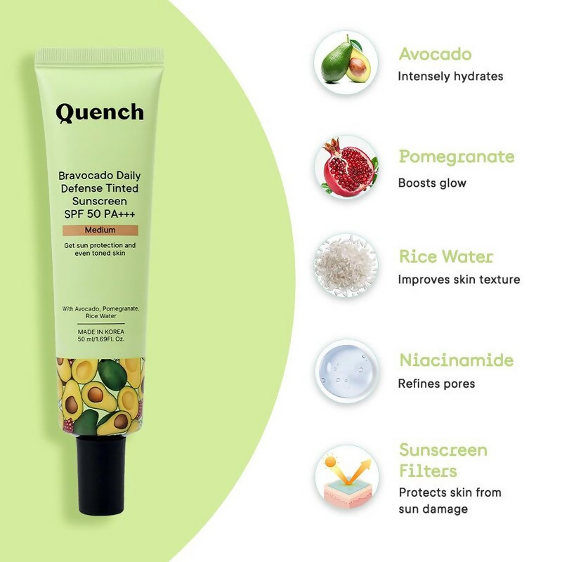 Quench Vitamin E Tinted SPF 50 Sunscreen PA+++ with both Mineral & Chemical Actives (Medium)