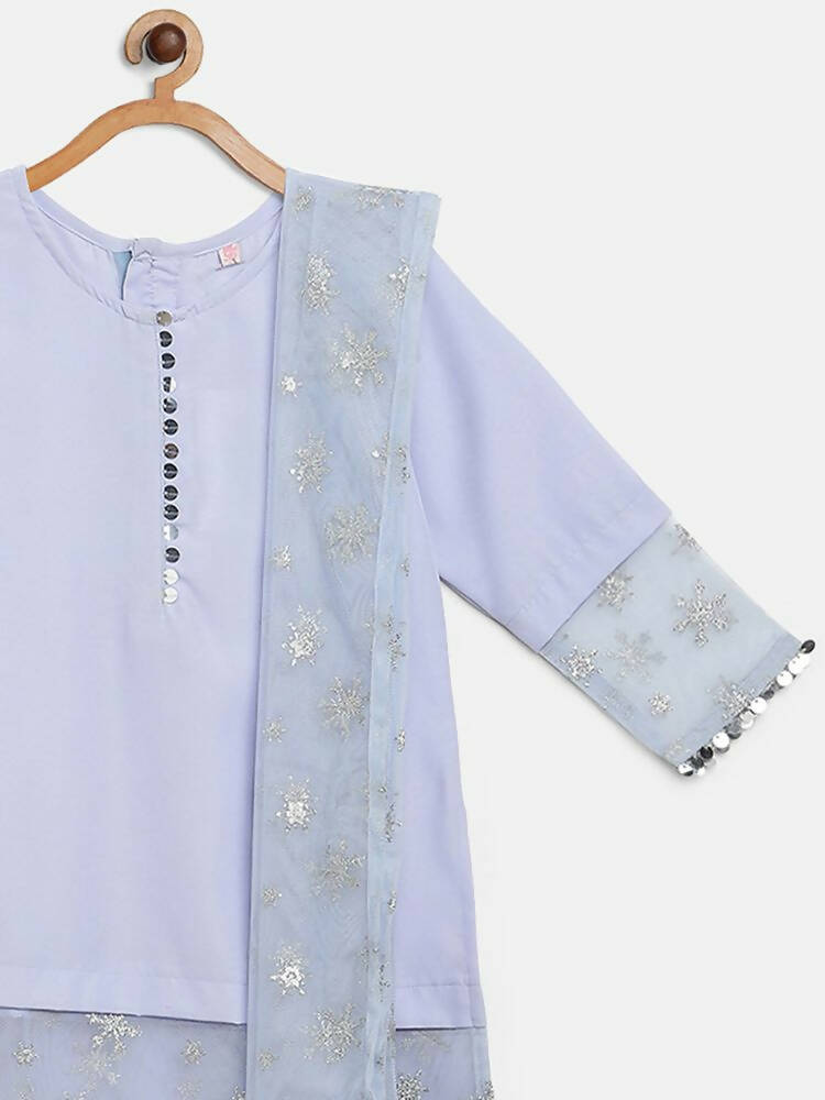 Ahalyaa Blue Crepe Silver Glitter Print Kids Kurta Palazzo Set With Dupatta For Girls