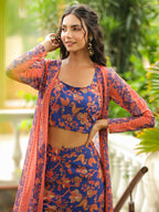 Janasya Navy Blue Georgette Floral Top,Bottom & Jacket