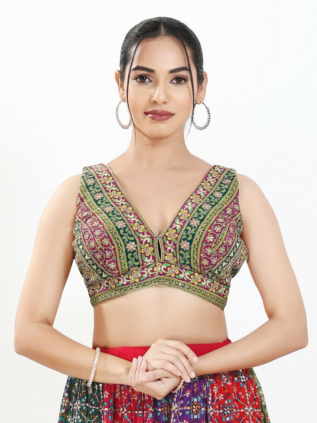 Joban Fashion Green Multi Georgette Padded Blouse With V Neck Sleeveless - Distacart