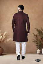 Joban Fashion Men's Maroon Straight Silk Thread & Sequence Embroidery All Over Indo-Western Kurta Set