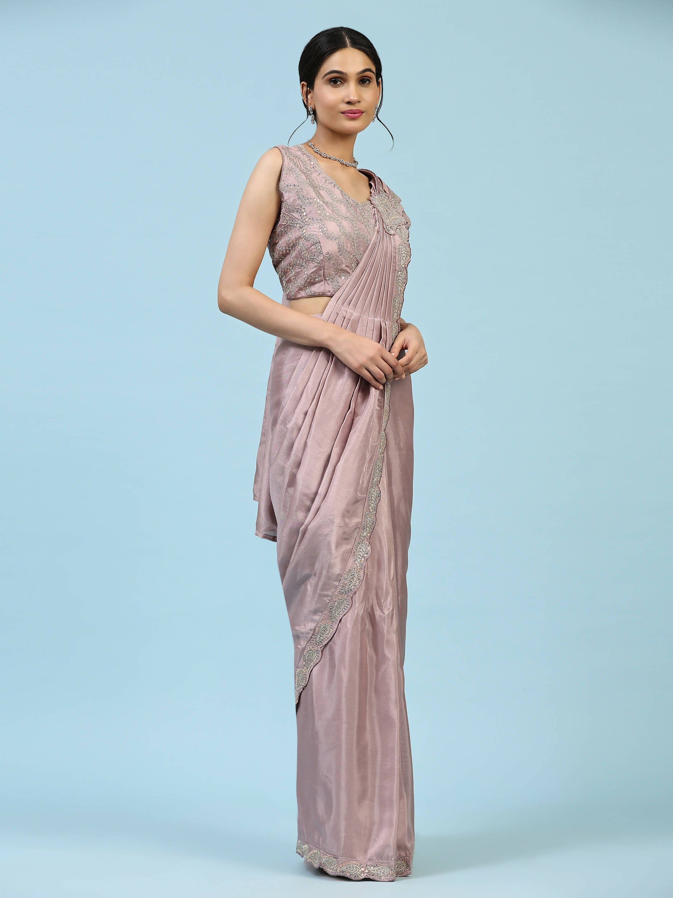 Lavendar Silk Satin Plain Ready to wear Saree with stitched Blouse - Vrinda