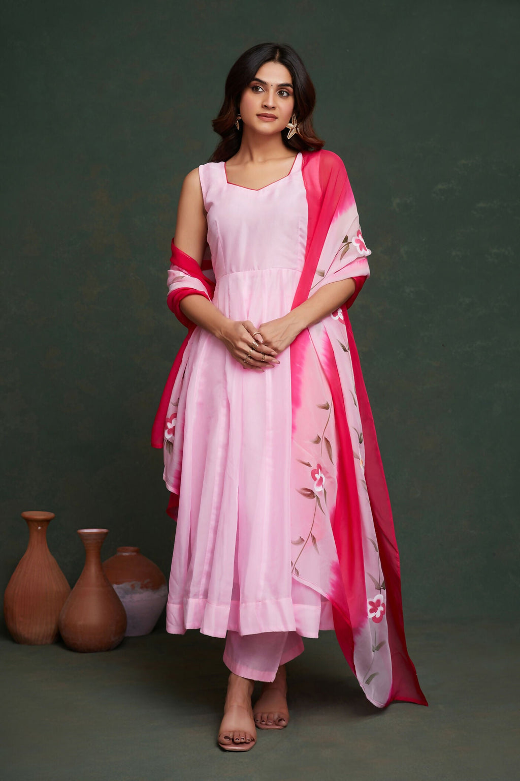Aayaa Viscose Organza Dyeable Hand Painted Suit - Light Pink