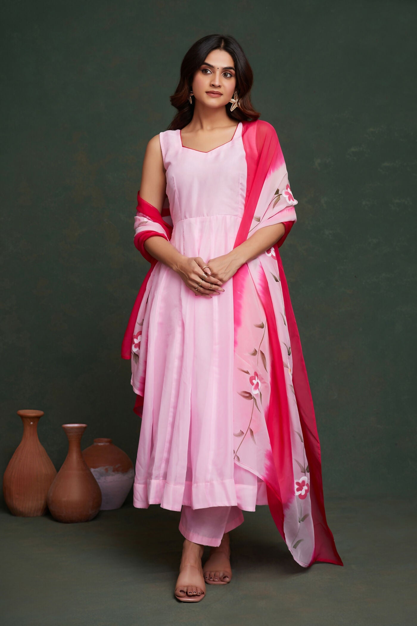 Aayaa Viscose Organza Dyeable Hand Painted Suit - Light Pink
