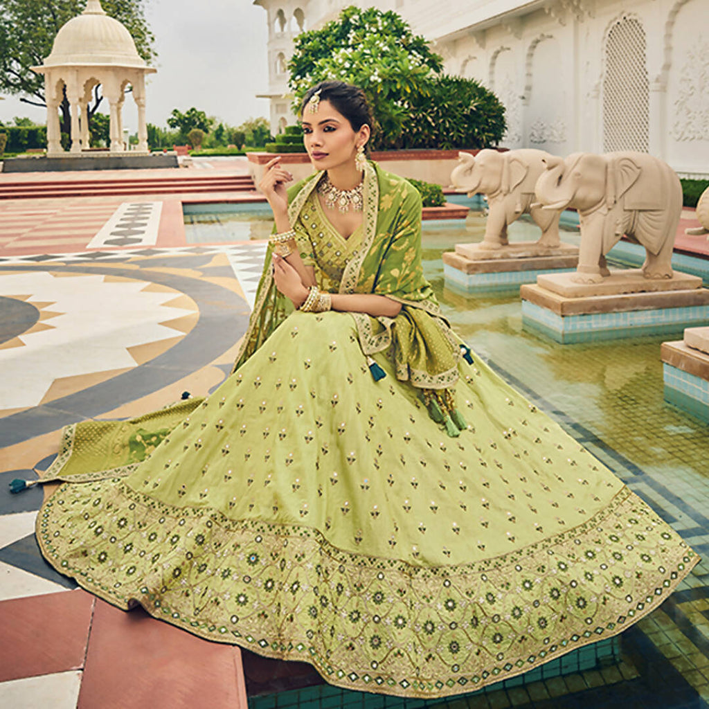 Olive Green Heavy Viscose Khatli, Embroidery & Mirror Work Unstitched Lehenga Choli - Sisha Keshav