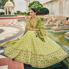 Olive Green Heavy Viscose Khatli, Embroidery & Mirror Work Unstitched Lehenga Choli - Sisha Keshav
