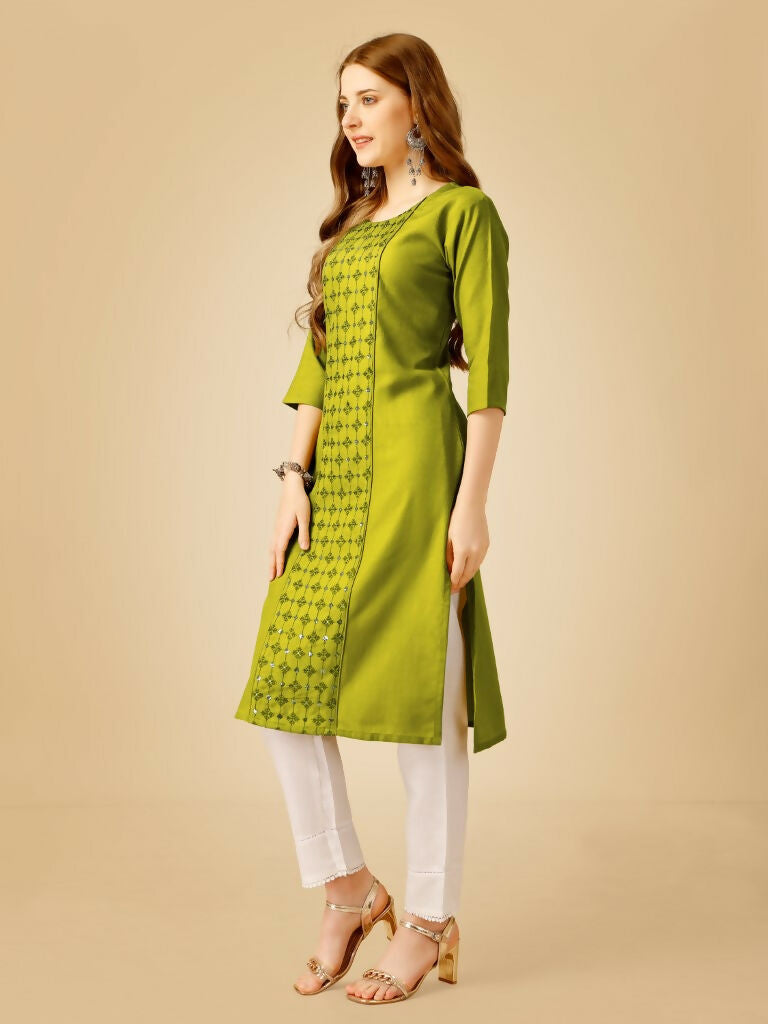 Jyoti Fashion Women's Green Cotton Blend Embroidered Kurta Pant Set