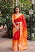 Red Jute Silk Ethnic Motifs Saree with Unstitched Blouse - Hiral Fashion