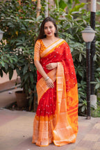 Red Jute Silk Ethnic Motifs Saree with Unstitched Blouse - A2M - Distacart