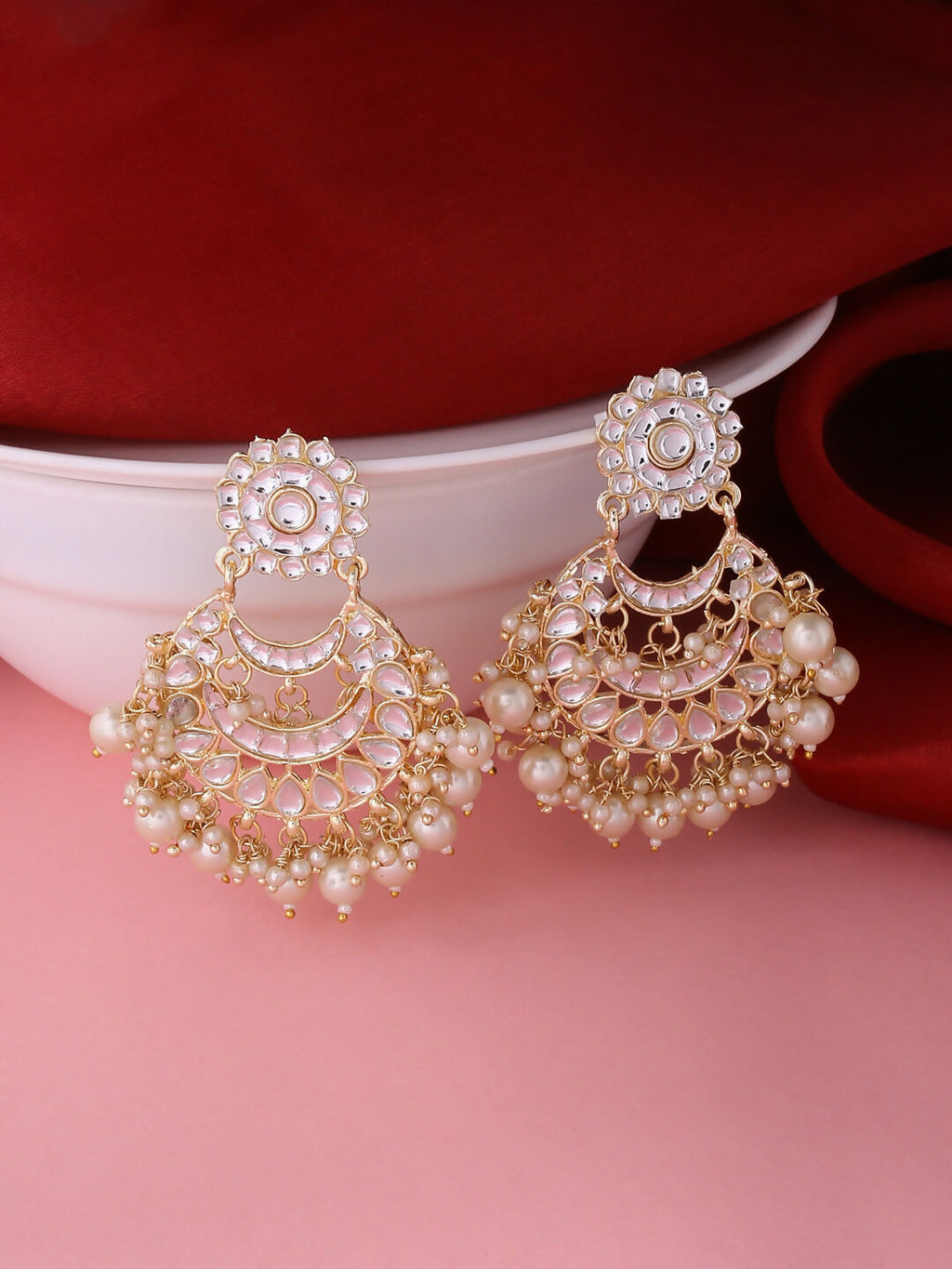 NVR Women Gold Plated Studded Kundan Chandbali Earrings - Distacart