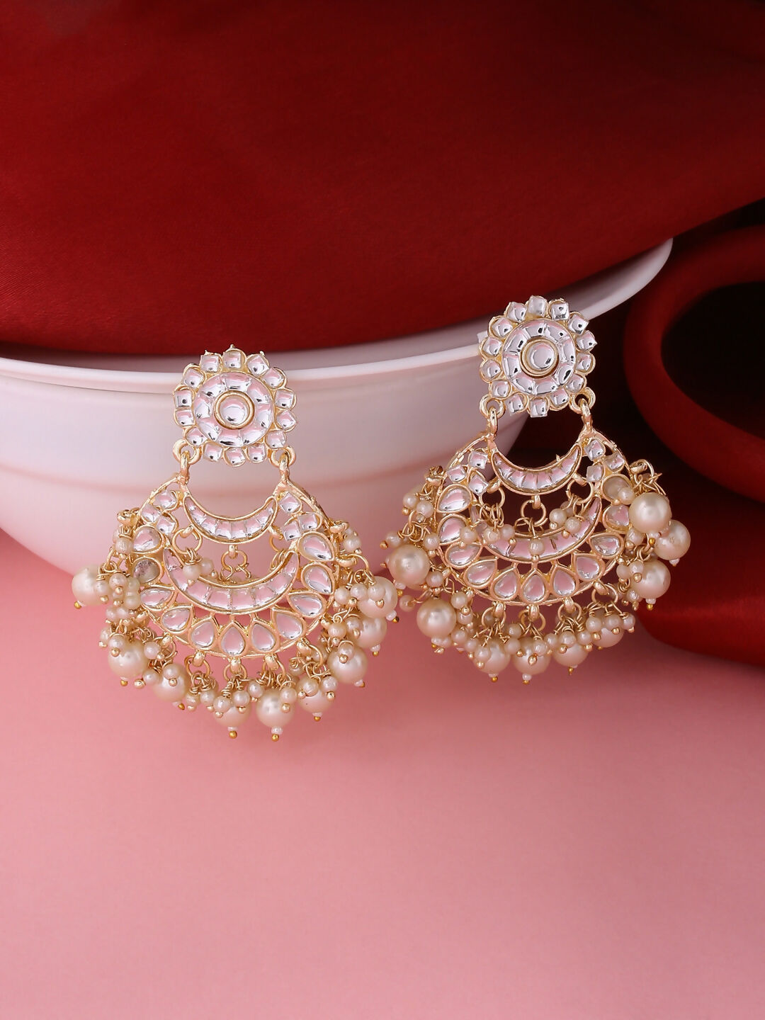 NVR Women Gold Plated Studded Kundan Chandbali Earrings - Distacart