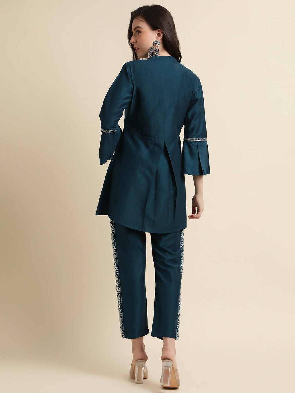 Teal Chinon Floral Embroidered Top with Bottom - Maanushi