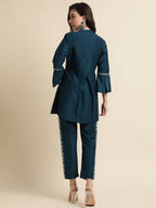 Teal Chinon Floral Embroidered Top with Bottom - Maanushi