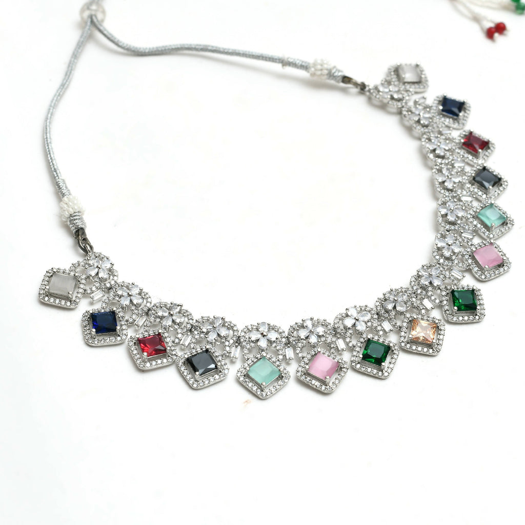 Mominos Fashion Johar Kamal Women Silver-Plated American Diamond Multi Colour Choker Set - Distacart