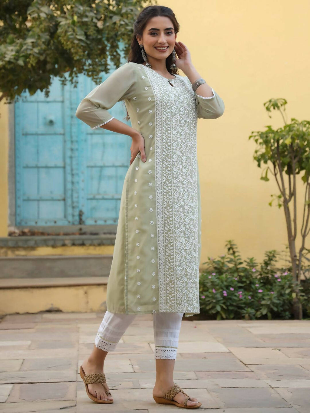 Juniper Women's Ltgreen Georgette Printed Kurta - Distacart