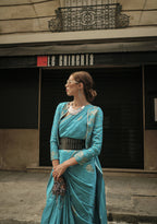 Firozi Blue Weavead Thread & Zari Work, Handloom Weaving Banarasi Satin Silk Saree - Rajtex Kronicle Silk