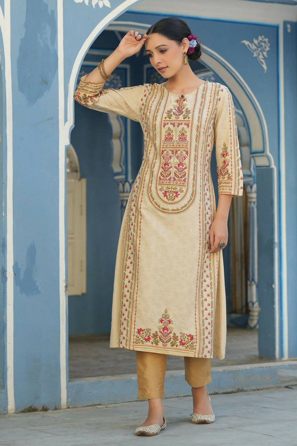 Juniper Women's Cream Rayon Staple Placement Printed A-Line Kurta - Distacart