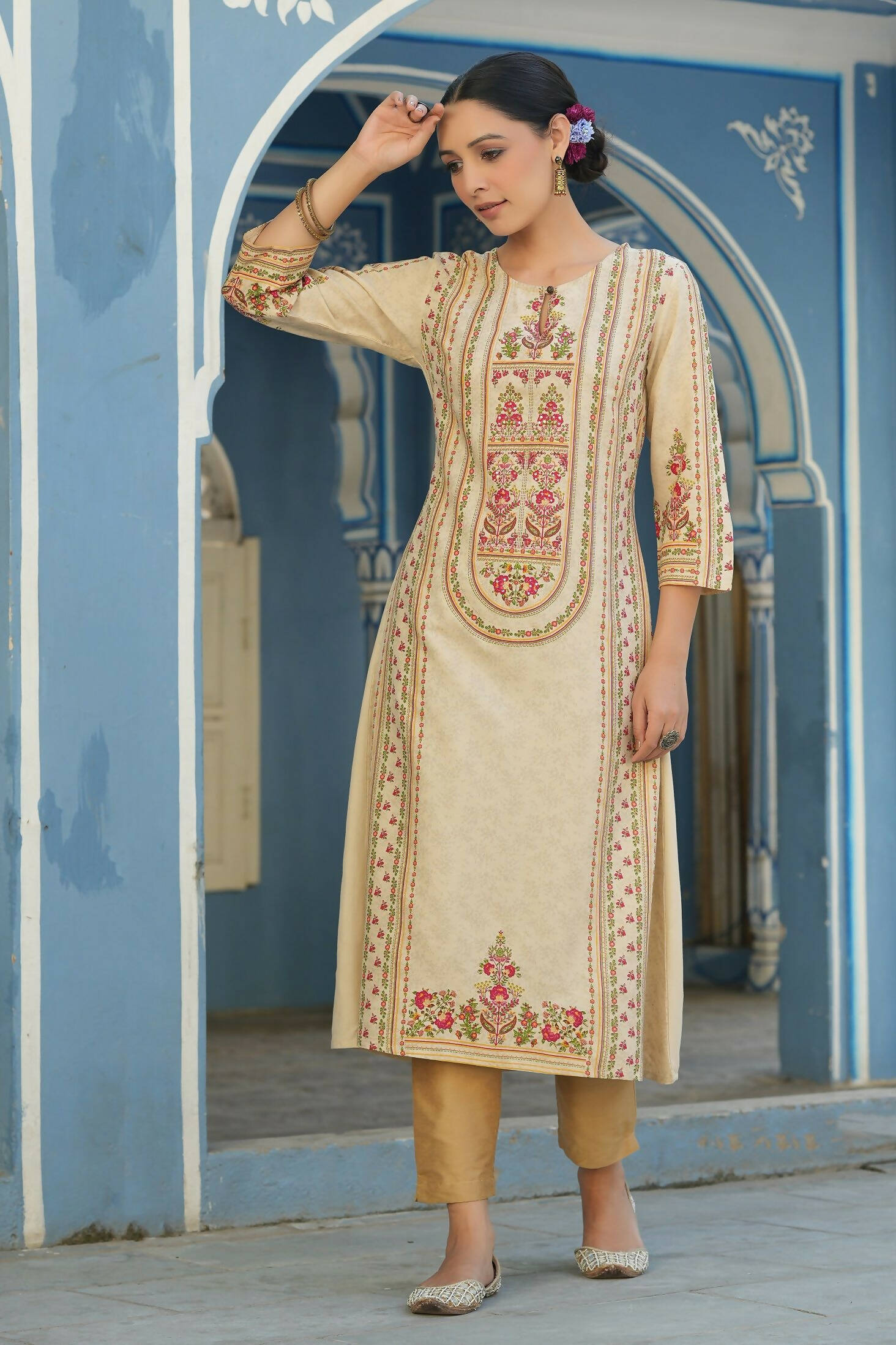 Juniper Women's Cream Rayon Staple Placement Printed A-Line Kurta - Distacart