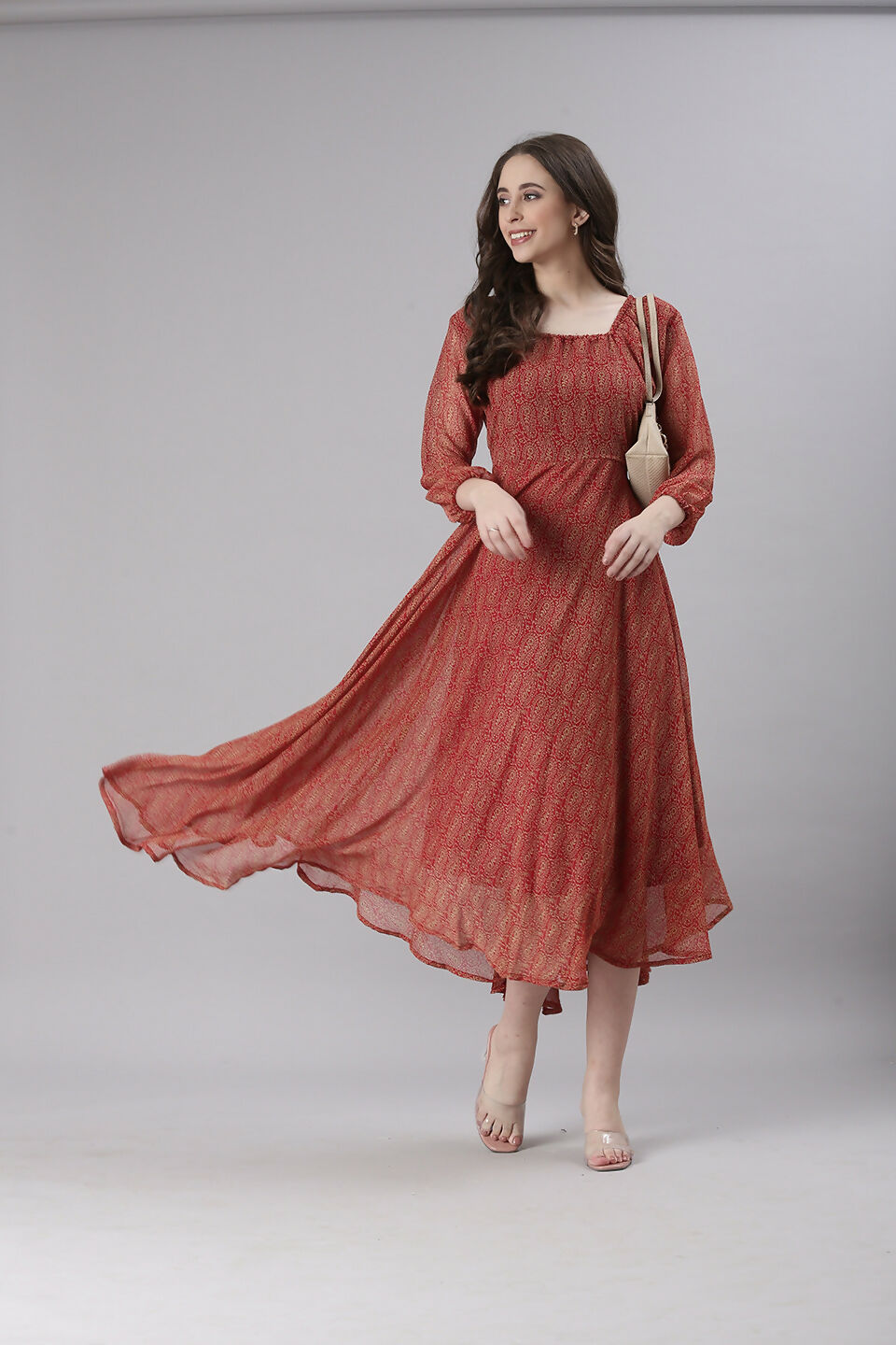 Souchii Rust Orange Printed Fit & Flare Dress