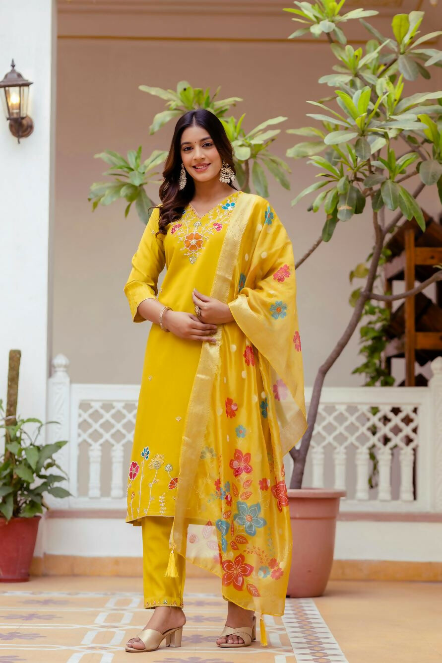 The52 Yellow Women's Gorgeous Embroidered work Viscose Gadhwal Fabric Straight Kurta, Pant and Dupatta Set - Distacart