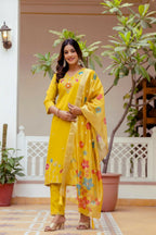 The52 Yellow Women's Gorgeous Embroidered work Viscose Gadhwal Fabric Straight Kurta, Pant and Dupatta Set - Distacart