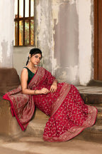 Joban Fashion Hot Pink Crepe Chiffon Banarasi Pure Handloom Banarasi Silk Saree