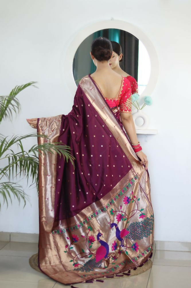 Wine Woven Jacquard Designer Embroidery Work Party Wear Saree - Parampara
