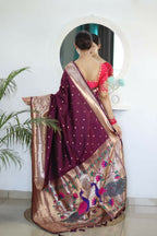 Wine Woven Jacquard Designer Embroidery Work Party Wear Saree - Parampara