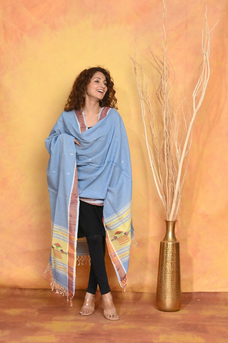Very Much Indian Handloom Pure Cotton Paithani Dupatta - Powder Blue