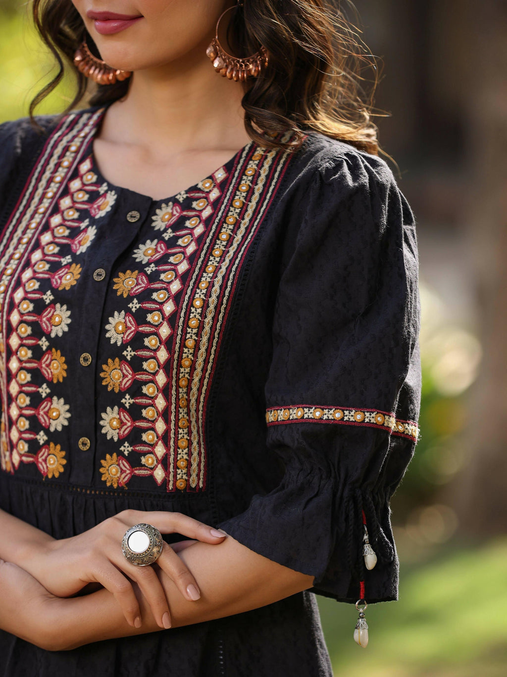 Juniper Women's Black Cotton Solid With Embroidered Straight Tunic - Distacart