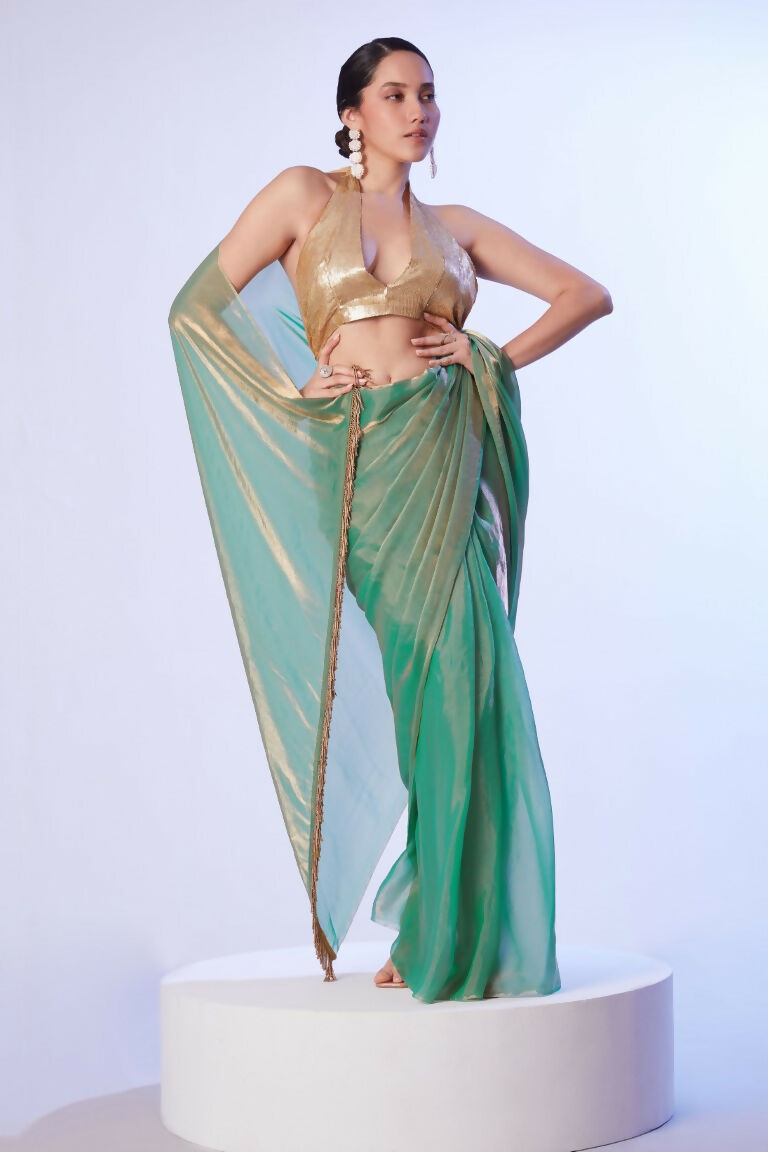 Sea Green Satin Gold Organza Solid Designer & Lace Work Saree - Samaa
